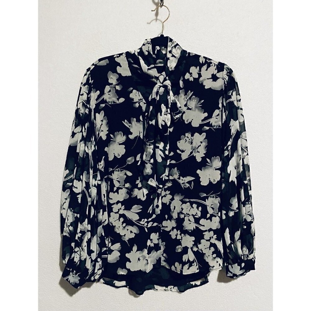 Chicos 2 Top Womens Large 12 Abstract Floral Bow Blouse Balloon Sleeve Black